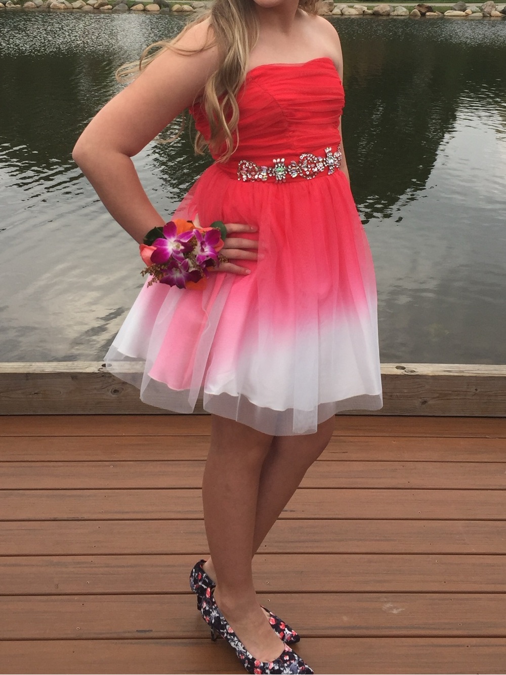 B Darlin Ombre Red to White Strapless Party Dress with Jeweled Waist